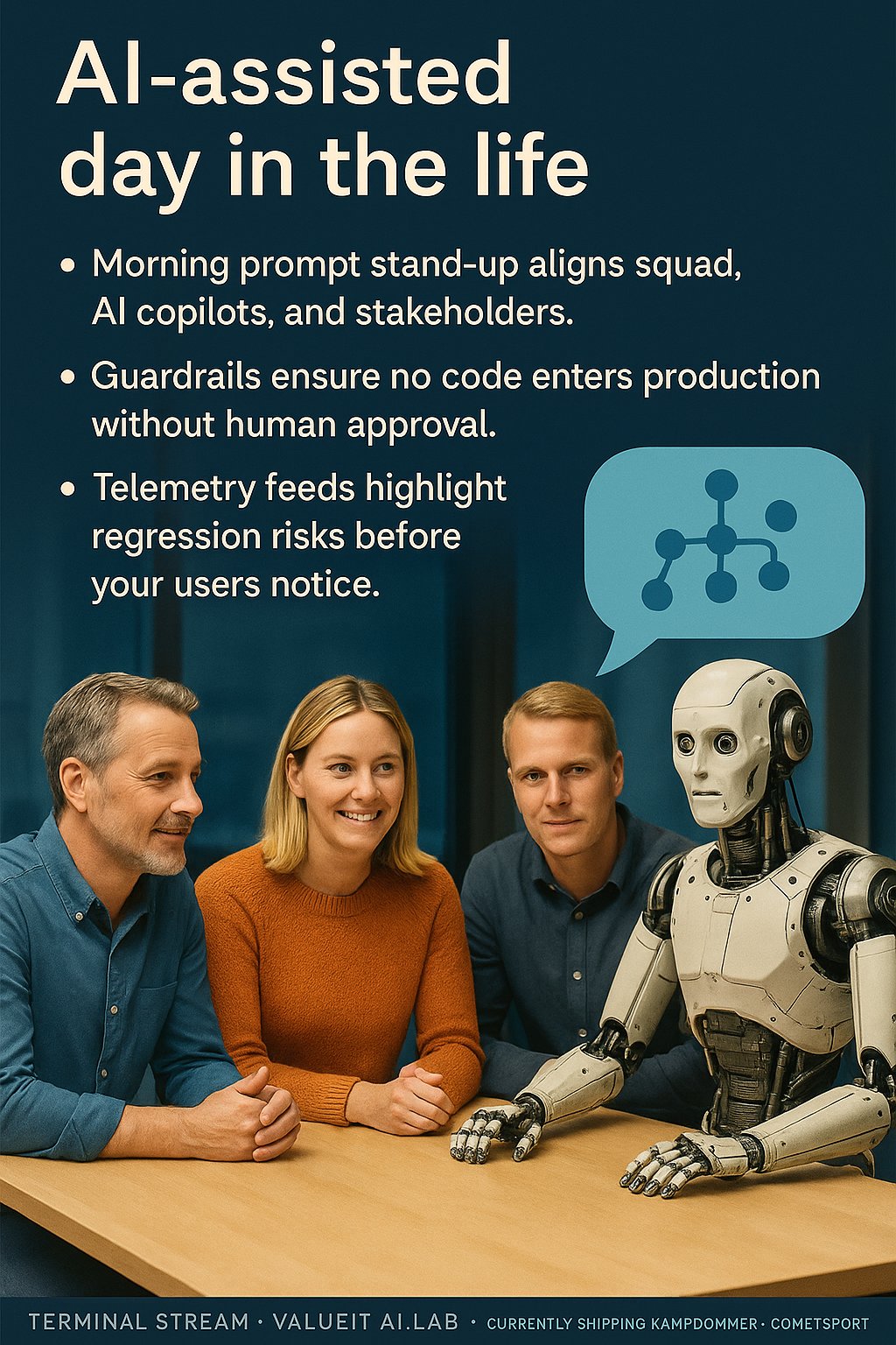 AI-assisted day in the life: Morning prompt stand-up aligns squad, AI copilots, and stakeholders. Guardrails ensure no code enters production without human approval. Telemetry feeds highlight regression risks before your users notice.